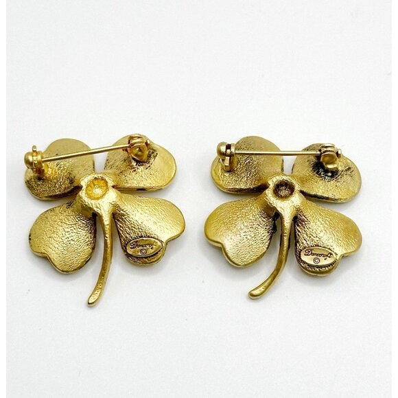 Pair Of Danecraft Gold Toned Metal 4 Leaf Clover Shamrock Pins Brooches - Picture 2 of 2